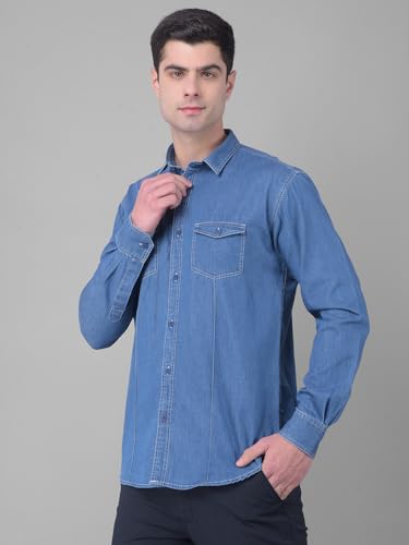 Image of COBB Solid Denim Blue Slim Fit Casual Shirt
