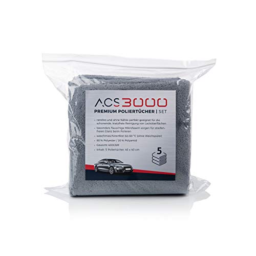 ACS 3000 Premium Poliertücher 5er Set aus ultraweichen Mikrofasern, grau Laser-Edge’, 40 x 40 cm, 400 GSM
