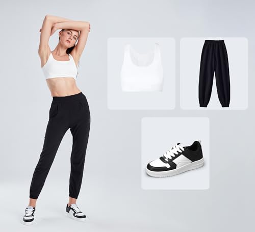 LUCKY STEP Moda damska błyszczące trampki z kryształami górskimi białe skórzane niskie buty tenisowe sznurowane na co dzień wygodne buty do chodzenia, czarny/biały, 39 EU