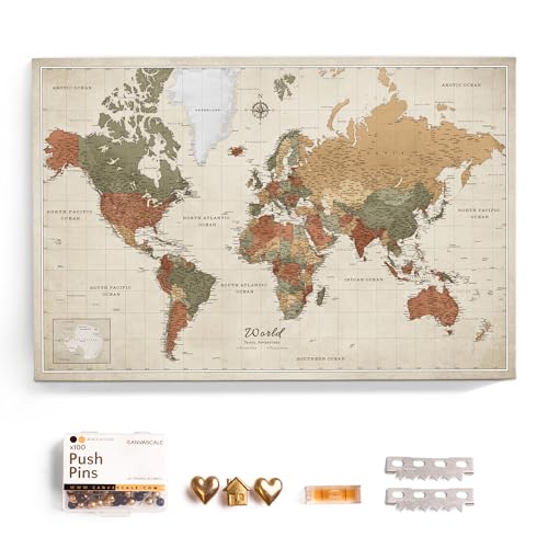 Canvas World Map with Cork Pin Board - English Lettering - Decorative Wall Decoration for All Rooms - Canvas Pictures with World Map Motif (70x50 cm, Pattern 2)