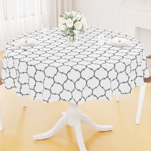Image of Smiry Round Table Cloth, Flannel Backed Vinyl Tablecloth, 60 inch Round | Waterproof Plastic Tablecloths, Wipeable Table Cover for Dining, Indoor and Outdoor (White)