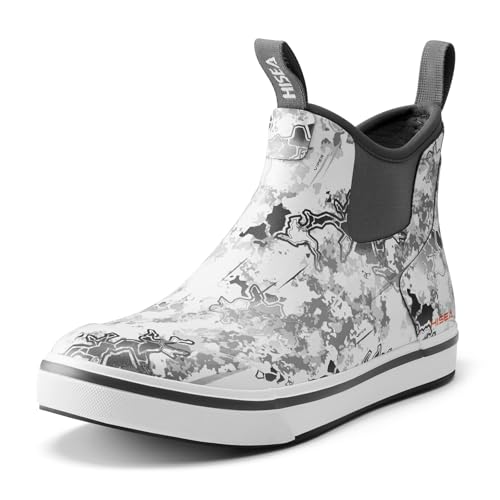 HISEA Men's Deck Rain Boots Saltwater Fishing Booties Waterproof Ankle Rain Boots with High Traction, Grey Camo Size 7