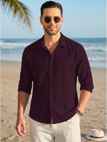 Image of DEELMO Men's Button Down Dress Shirts Textured Long Sleeve Casual Hawaiian Beach Shirt