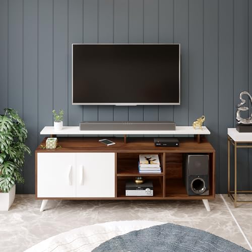 BLUEWUD Skiddo Engineered Wood TV Entertainment Unit Set Top Box Stand/TV Cabinet with Shelves for Books & Décor Display Unit Bed Living Room Upto 55 Inches - DIY (Brown Maple & White) 3