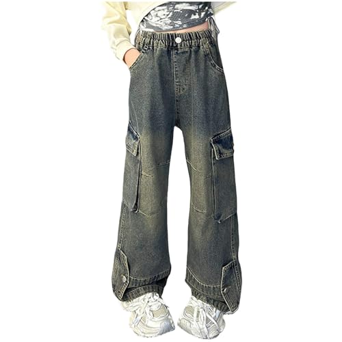 Baggy Jeans for Girls Kids Y2K Streetwear Hip Hop Elastic Waist Loose Fit Straight Wide Leg Denim Pants with Pockets
