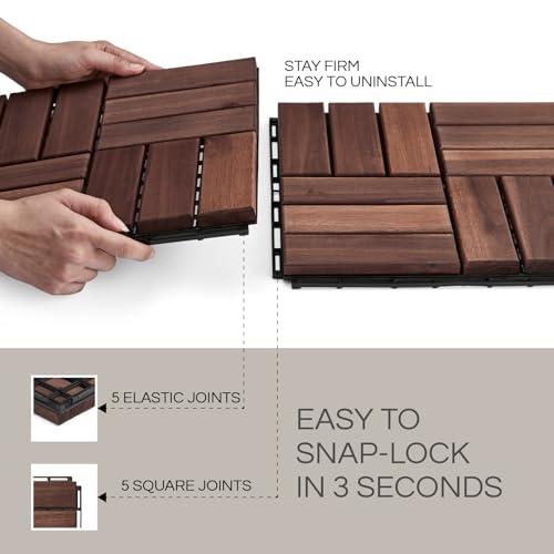 THYOI 10 Pcs Acacia Wood Deck Tiles 12\" x 12\", Deck Tiles Interlocking Outdoor All Weather, Patio Flooring Waterproof, Wood Patio Tiles for Indoor and Outdoor use (Square Joint, Dark Brown)
