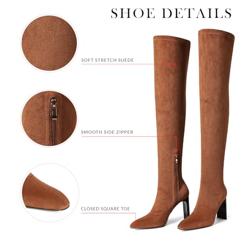 VOMIRA Thigh High Suede Boots - Square Toe, Chunky High Heels, Side Zipper, Stretch, Over the Knee, Long Boots for Women - Black - Fall Winter3