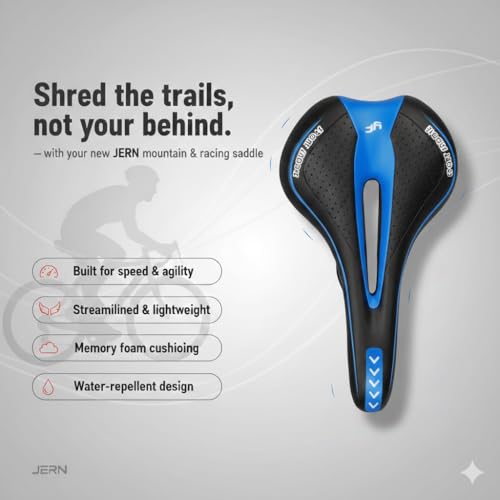 Image of JERN Ergonomic Bicycle Saddle, Memory Foam Comfort Bike Seat with Airflow Vent, Shock Absorption, Anti-Slip Design for MTB, Road, Cycle (Blue)