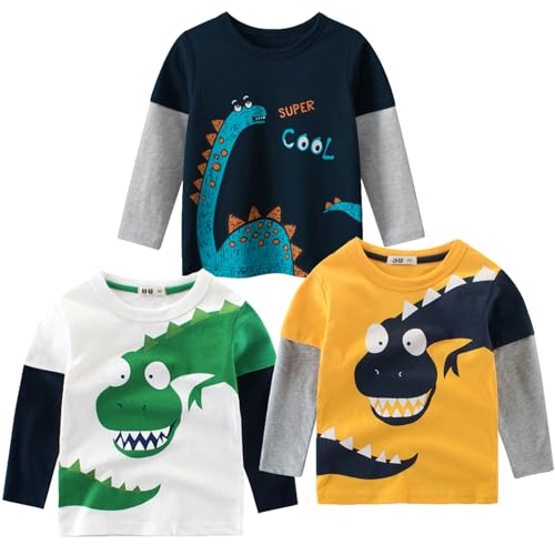 Toddler Boy Long Sleeve Shirts 3-Pack Boys Cotton Pullover T-Shirt Graphic Kids Basic Tops for 18M-9Y