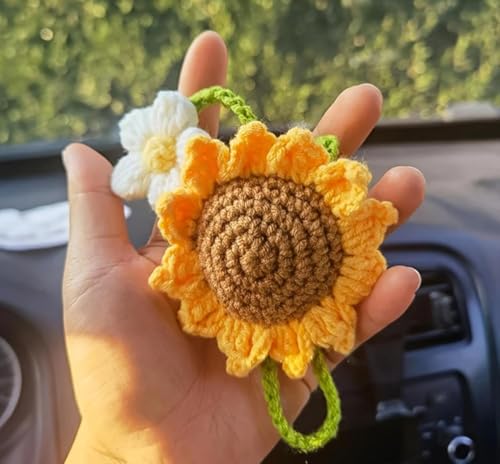 Image of VRB Dec Car Hanging Sunflower Crochet - 1 Pcs, 4pcs Flower, 5.9x2inch, Plastic, Hanging Ornament, Craft, Crochet, Car Dashboard Decoration, Car Mirror Hanging Accessories