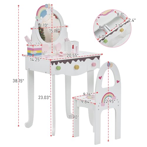 Image of Princess Vanity Table with Lights,Princess Makeup Vanity Desk with Storage Drawer, 2 in 1 Vanity Table & Chair Set with Mirror for Girls (Style 2-White)