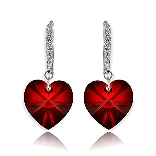 Sterling Silver Red Love Heart Dangle Earrings Created with Swarovski Crystals