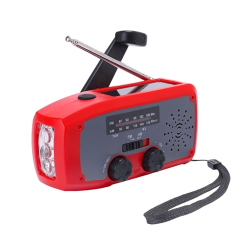 Radio solaire à manivelle - AM/FM - Portable - Avec batterie rechargeable de 2000 mAh - Port USB - Lampe de poche LED - Alarme SOS - Récepteur mondial pour camping, extérieur, urgence - Rouge