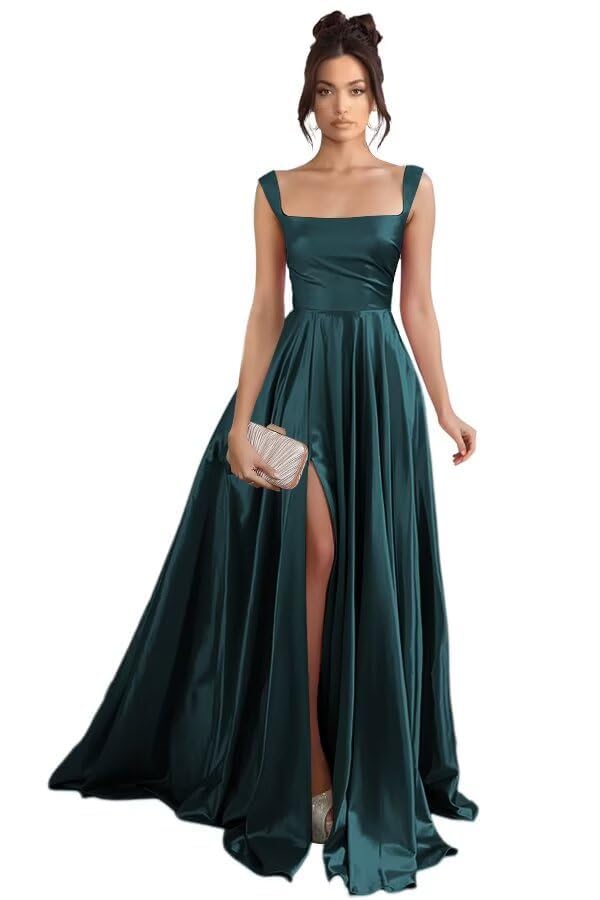 Koendye Satin A Line Prom Dresses for Teens with Slit Long Square Neck Formal Cocktail Party Dress with Pockets KY065