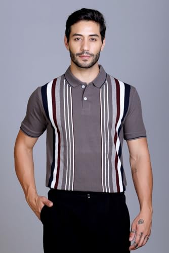 Image of SANE ORIGINALS Textured Polo T-Shirt for Men in Vertical Stripes || Old Money Polos for Men