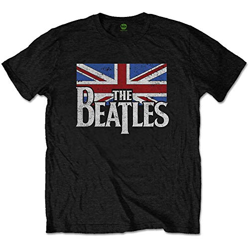 Rock Off Black The Beatles Drop T Logo & Vintage Flag Officiel T-Shirt Hommes Unisexe - Les Beatles, Paul McCartney, John Lennon, RIngo Starr, George Harrison Rock Off Black The Beatles Drop T Logo & Vintage Flag Officiel T-Shirt Hommes Unisexe