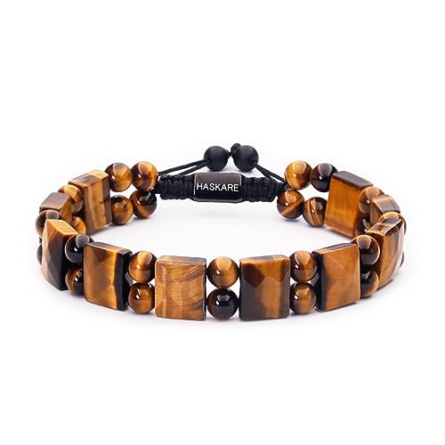 HASKARE Protection Crystals Tiger Eye Bracelets for men, Mens Bracelet Beads Healing Crystal Tigers Eye Bracelet, Genuine Stone Anxiety Relief Woven Drawstring Flatbead Bracelets Gift for Him