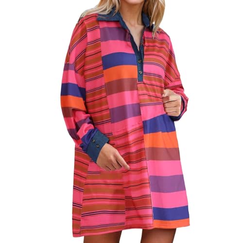 Robe chemisier rayée femme col en V patchwork manches longues d'été