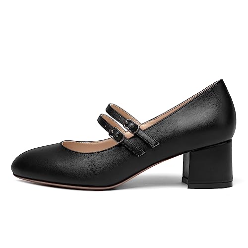 SHOWFOREST Womens Mary Jane Dating Solid Matte Adjustable Strap Round Toe Cute Slip On Block Low Heel Pumps Shoes 2 Inch2