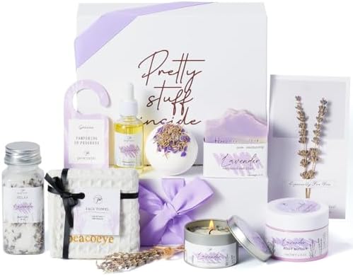 Mothers Day Gifts for Mom Spa Bath Gift Baskets Relaxing Spa Self Care for Women Her Sister Wife Bridal Shower Gifts Box Home Bath Care Package Thank You Birthday (Purple -Spa for Women)