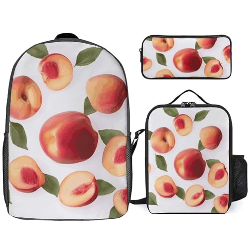 3 Piece Backpack for Women Men Lightweight Causal Daypack Shoulder Bag Set with Insulated Lunch Bag And Pencil Case Organizers Peach