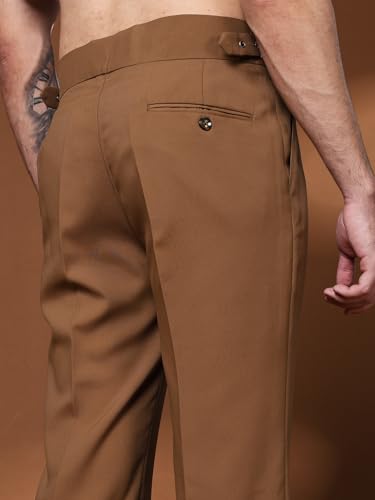 Image of Mens Beige Gurkha Pants with Classic Buckle Closure Premium Casual Bell Bottom Trousers for Men High Waist Pleated Formal & Casual Wear Pant Stylish Retro Flared Bottom Pant