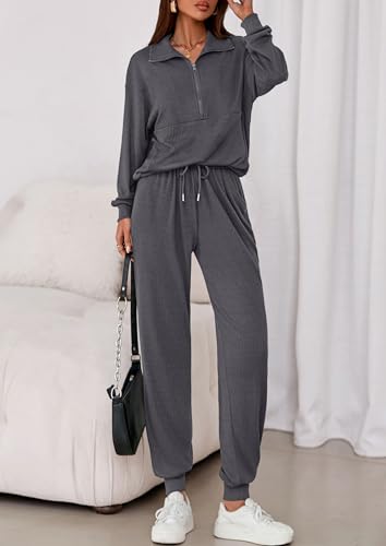 Image of PRETTYGARDEN Women 2 Piece Ribbed Knit Matching Lounge Sets | Comfy Sweat Track Suits, Athleisure Casual Outfit, Half Zip Sweatshirt & Jogger Pants, Fall Winter Clothes for Airport Travel