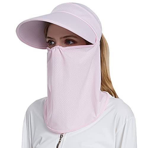 Image of Women Wide Brim Face Mask Sun Hat Detachable Neck Face Flap Ponytail UV Protection Visor Hat Garden Fishing Hiking