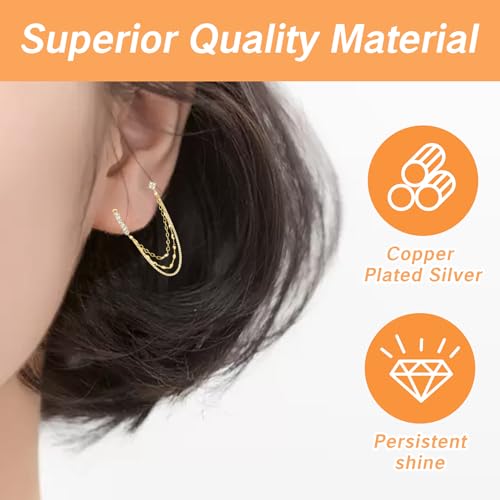 UAIAGM Chain Earrings for Double Piercing Gold Dangle Earring Set with 3 Chains Connected Stud for Pierced Ears Hoop Earrings for Women Two Holes Piercings Flower Stud and Chain Jewelry by UAIAGM - Image 4