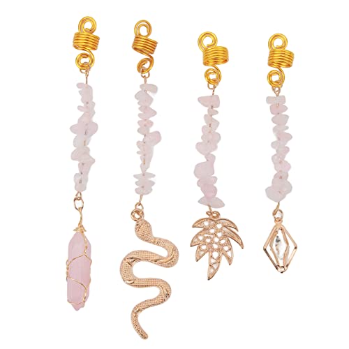 4pcs Stone Pendant for Hair Braiding Different Pendants Hair Dreadlocks Rings Gold Spring Exquisite Pink Stones Hair Jewelry for Braids