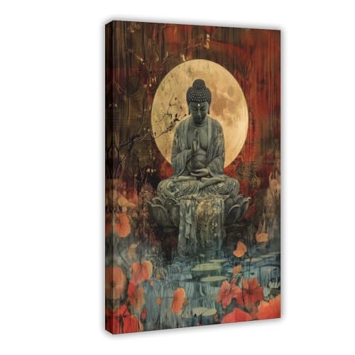Poster toile Bouddha et lune 51x76 cm pour une deco zen de salon