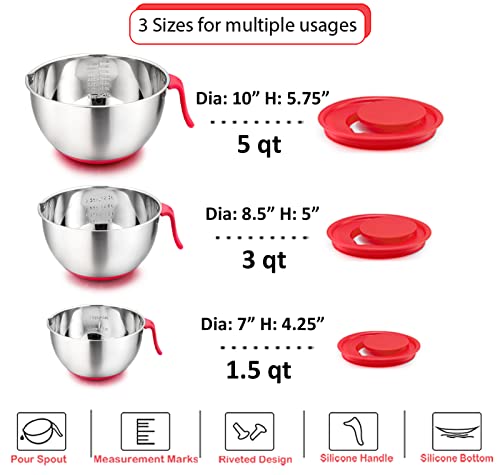 Teamfar Mixing Bowls, 5/3 / 1.5 Qt, Stainless Steel Mixing Bowls Salad Metal Bowl With Lids & 3 Graters, Pour Spout & Long Handle, Healthy & Heavy Duty, Dishwasher Safe - Red #TOP6