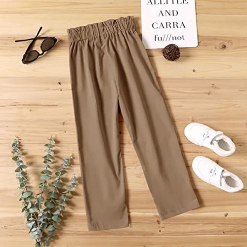 Batermoon Girls' Pants Paper Bag Elastic Waist Wide Leg Loose Trousers With Pocket Brown #TOP3