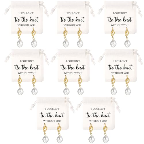 Tondiamo 8 Sets Bridesmaids Gifts Bridesmaid Pearl Jewelry Bridesmaid Knot Pearl Earrings and Linen Cotton Small Drawstring Bags Wedding Bridesmaids Gifts I Couldn't Tie the Knot Without You