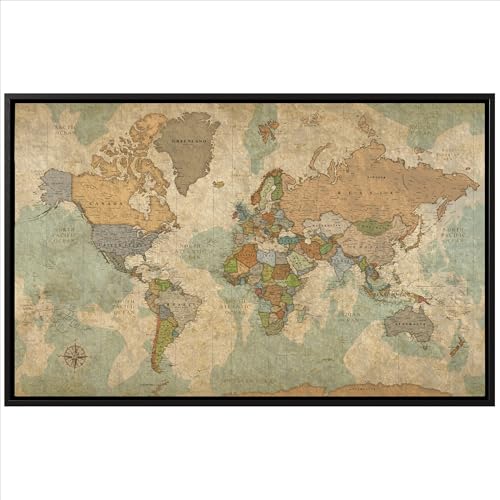 HolyCowCanvas World Map on Canvas in Vintage Earth Tones, Travel Map with Pins to Mark Travels, World Map Pin Board, Push Pin Travel Map, Travel Map Tracker (60" x 40", Framed)