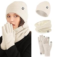 Nenkarn Mütze, Schal & Handschuh-Sets für Damen, 3-in-1 Mütze und Schal Set für Frauen, Dicke Fleece Touchscreen Handschuhe Strickmütze Kaltwetter Accessoires Sets (Beige)
