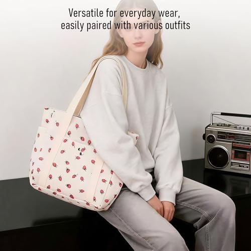 Torba ze sztruksu damska z wzorem truskawkowym, słodkie torby z truskawkami, torba na ramię, tote bag damska z materiału na co dzień i zakupy, duża torba shopper ze sztruksu na czas wolny i