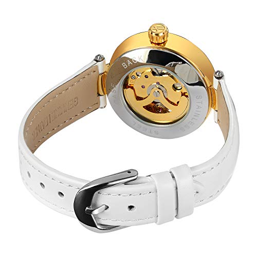 Image of FORSINING Women's Stylish Automatic Movement Analog Skeleton Dial Watch with Leather Strap, White, Casual Watch