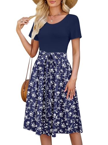 Image of Heymoments Women's Casual Short Sleeve Midi Dress Crewneck A Line Tiered Flowy Loose Travel Long Dresses with Pockets