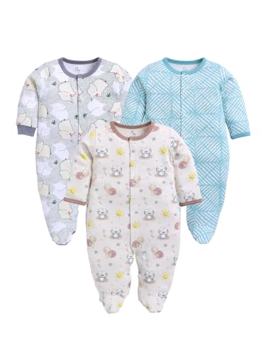 Image of BABY GO Baby Sleepsuit Pack of 3 | 100% Cotton Full Sleeve Footed Romper for Newborn Baby Boys & Girls | Front Open Snap Button Onesie Jumpsuit | Soft Breathable Nightwear