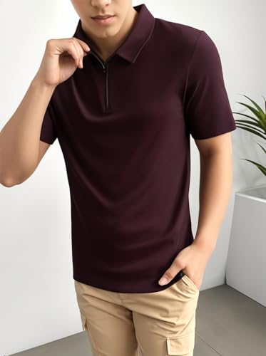 Image of Mack Jonney Ribbed |Regular Fit | Half Sleeves 100% Cotton Polo Neck Self Design with Zip T-Shirt for Men-M826