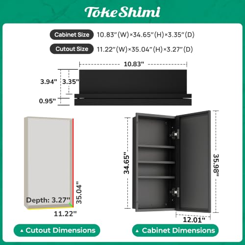 Image of TokeShimi 12 x 36 in Black Medicine Cabinet with Mirror, Aluminum Frame