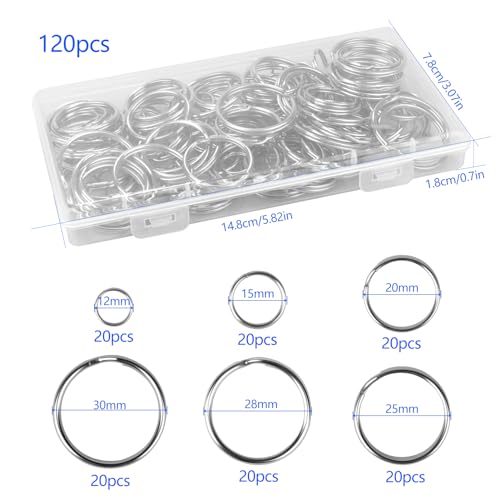 120Pcs Key Rings Six Different Sizes Key Ring Hoop (12mm,15mm,20mm,25mm,28mm,30mm) Stainless Steel Keyrings Keyring Chain Metal Split Rings Keychains for Car Keys Crafting and DIY Arts