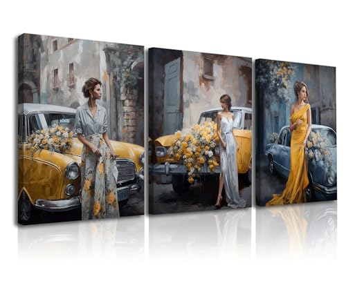 Piy Painting Arte Mural En Lienzo, Póster Artístico Mujeres Hermosas, Impresión En Lienzo De Coche, Cuadro Flor Amarilla, Fácil De Colgar Para Dormitorio Cuarto De Baño Cafe,3 Piezas 30x40cm