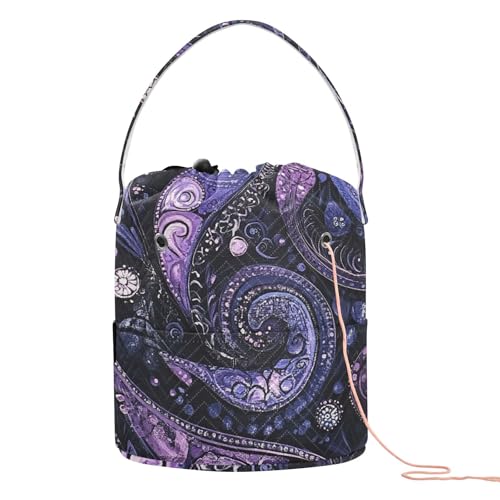 Image of Tatenale Crochet Bag Yarn Bag Knitting Project Bag with Pockets and Handle Portable Yarn Storage Organizer Tangle Free 8.3x11 InchPurple Paisley30