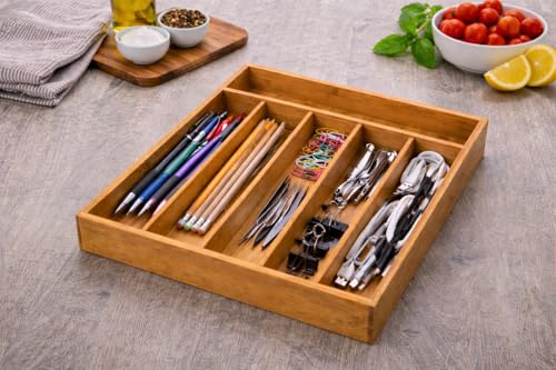 Image of YBM Home Bamboo Cutlery Tray Flatware Silverware Drawer Organizer with 5 Compartments, 338