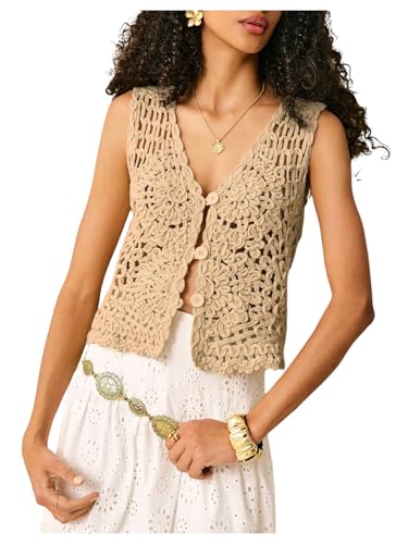 GORGLITTER Women's Crochet Vest Top Boho Hollow Out Button Down V Neck Sleeveless Fall Dressy 2025 Sweater Tank