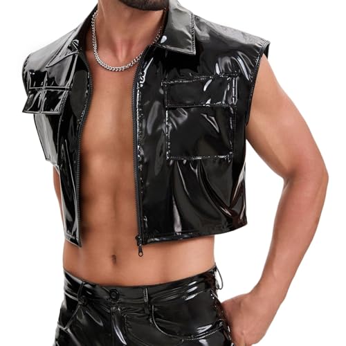 Camisa de piel sin mangas para hombre con cremallera y solapas 2