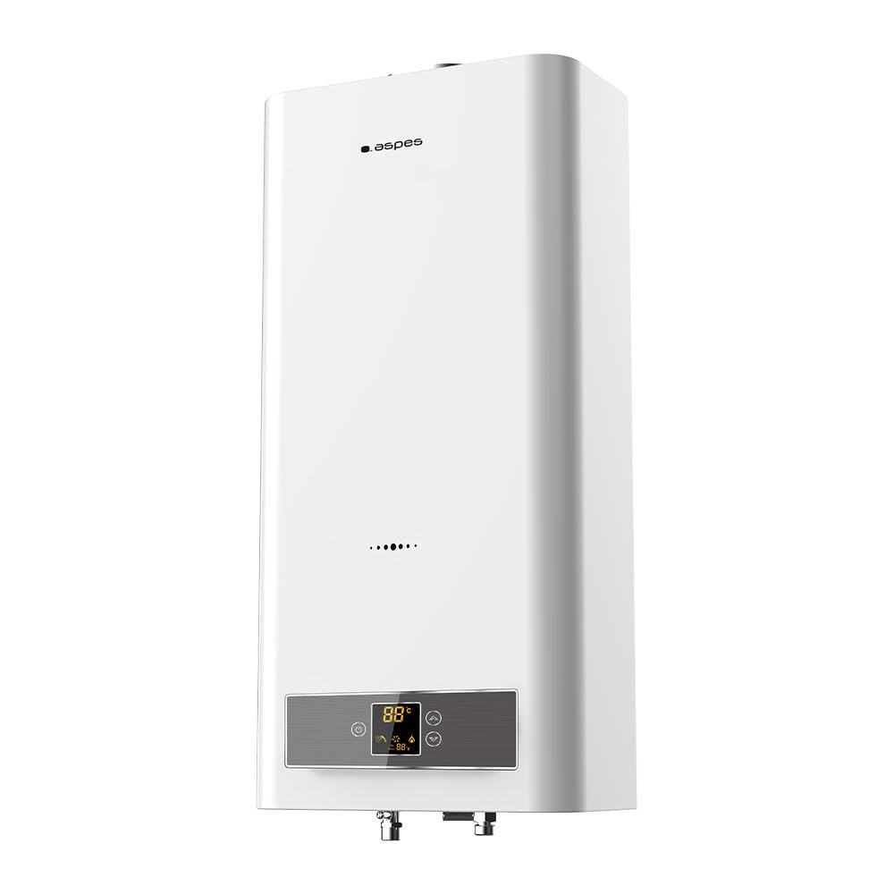 Aspes Calentador de Gas 11 Litros ACE1110B. Instalación Vertical, 45W, Incluye Kit de Montaje, Termostato Mecánico, Termómetro Digital, Blanco, Eficiencia Energética Clase A