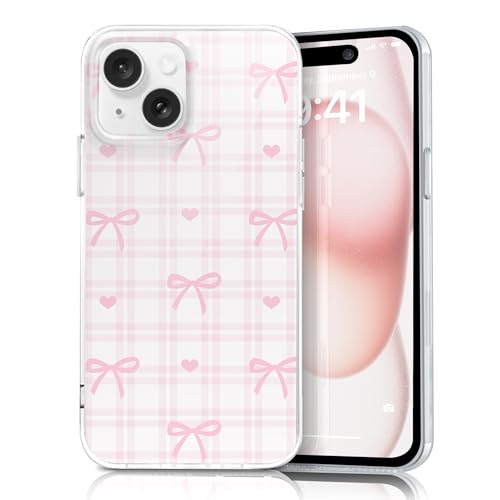 Coque iPhone 15 joli motif écossais avec nœud le cadeau parfait pour elle